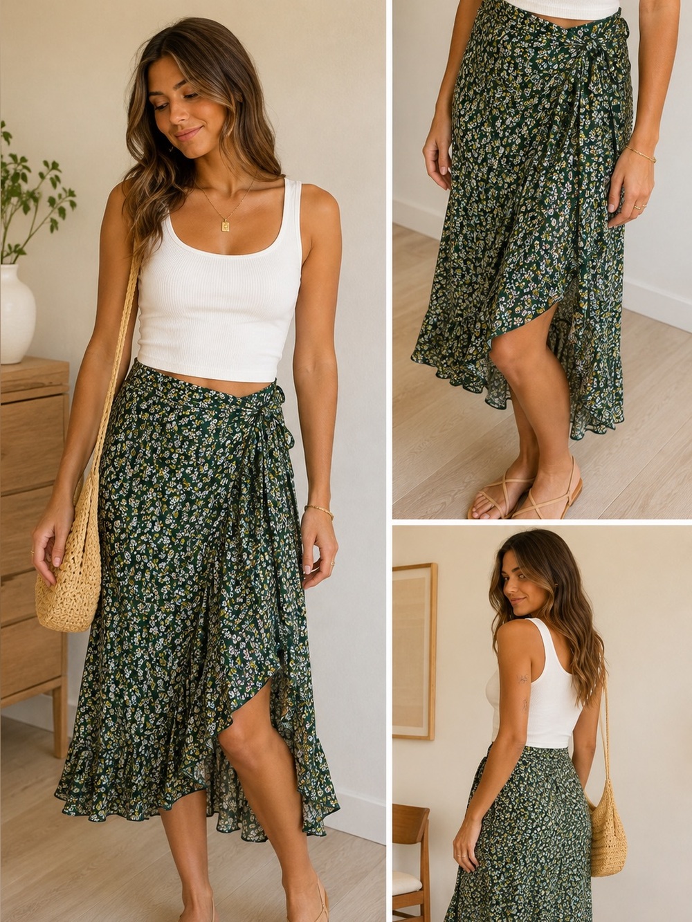 Faithfull The Brand x Anthropologie Celeste Floral Wrap Midi Skirt Green Size 4